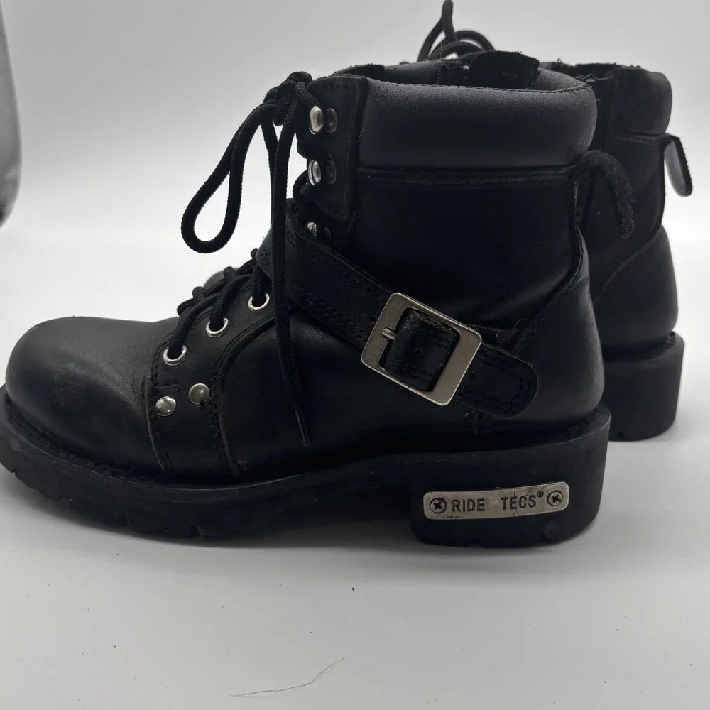 Ride Tecs Mens Black Leather Motorcycle Boots Lace Up Side Zip Lug Sole size 6